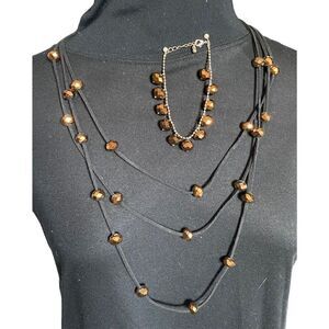 Bronze Disco Ball three strand layered necklace with matching bracelet set